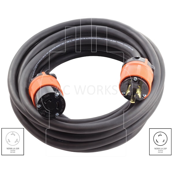 Ac Works SOOW; Cold Weather Extension Cord, 12 AWG, Indoor/Outdoor, 12/3, 1 Outlets, L6-20, Black, Rubber - L620PR-050E