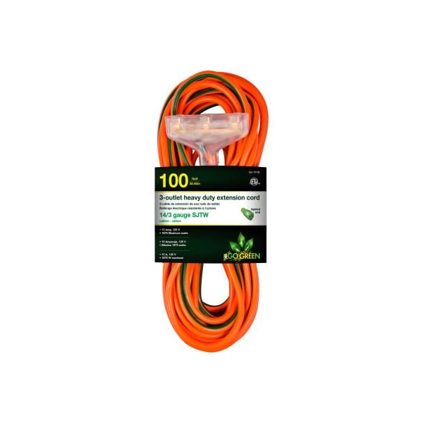 Gogreen Extension Cord, 14 AWG, Outdoor, 14/3, 3 Outlets, 100 ft - GG-15100