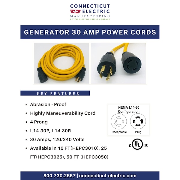 Connecticut Electric Cold Weather Extension Cord, 10 AWG, Indoor/Outdoor, Yellow/Black, Nylon, 10 ft - HEPC3010