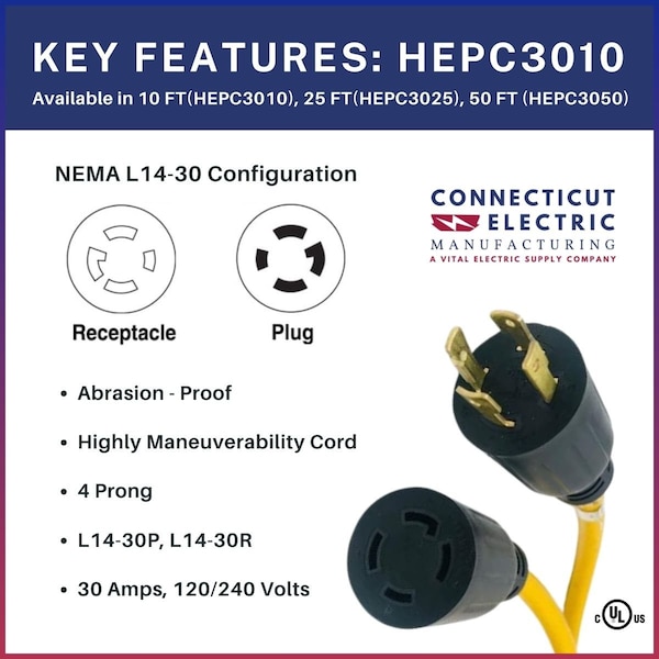 Connecticut Electric Cold Weather Extension Cord, 10 AWG, Indoor/Outdoor, Yellow/Black, Nylon, 10 ft - HEPC3010