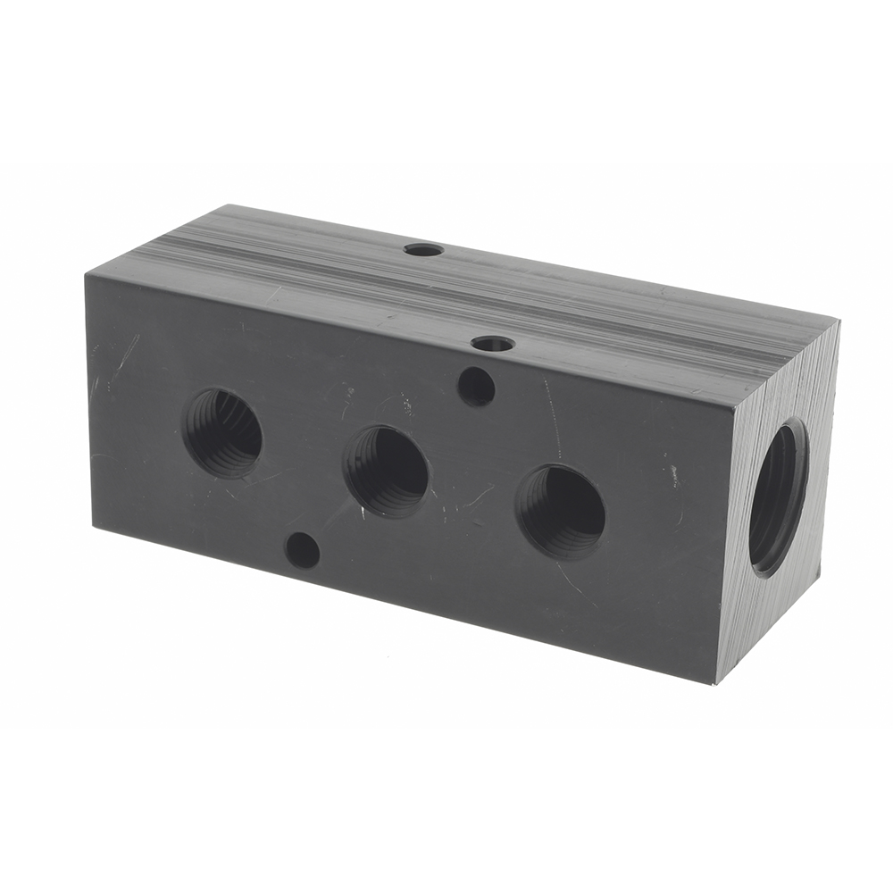 Coilhose Pneumatics Manifold: 1/4" Inlet, 1/4" Outlet, 1 Inlet Port, 3 Outlet Ports, 3-3/4" OAL, 13/16" OAW, 0.81" OAH - 3032