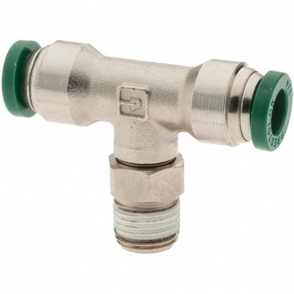 Parker Push-to-Connect Tube x MNPT x Tube x Male Fitting: Swivel Branch Tee, NPTF, 1/4" OD - 12556