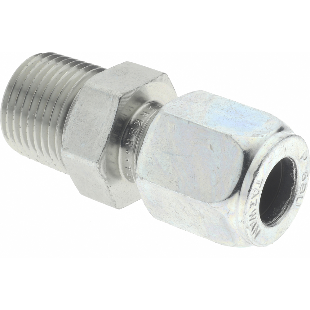 Parker Flareless Bite-Type Tube Male Connector: 1/4" NPTF, 3/8" Tube OD, Steel - PT-00104