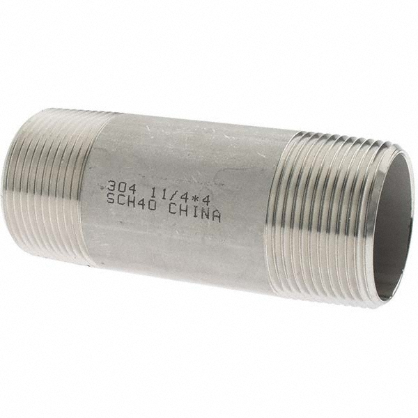Value Collection Stainless Steel Pipe Nipple: 1-1/4" Pipe, Grade 304 & 304L - 4BN11/4*4