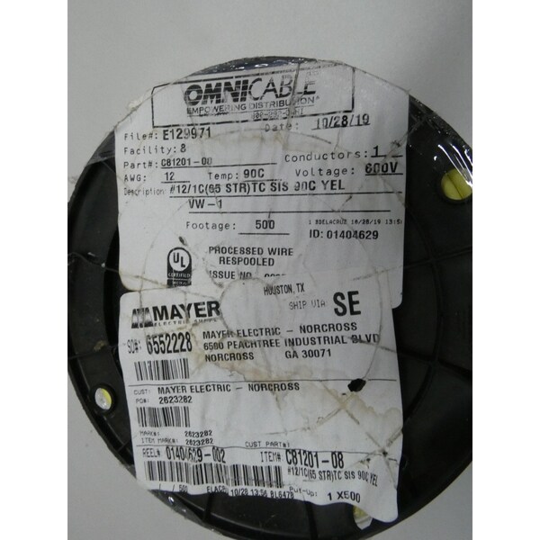 Omni Cable 65STR TC SIS 90C YELLOW 1C 12AWG 500FT WIRE - C81201-08