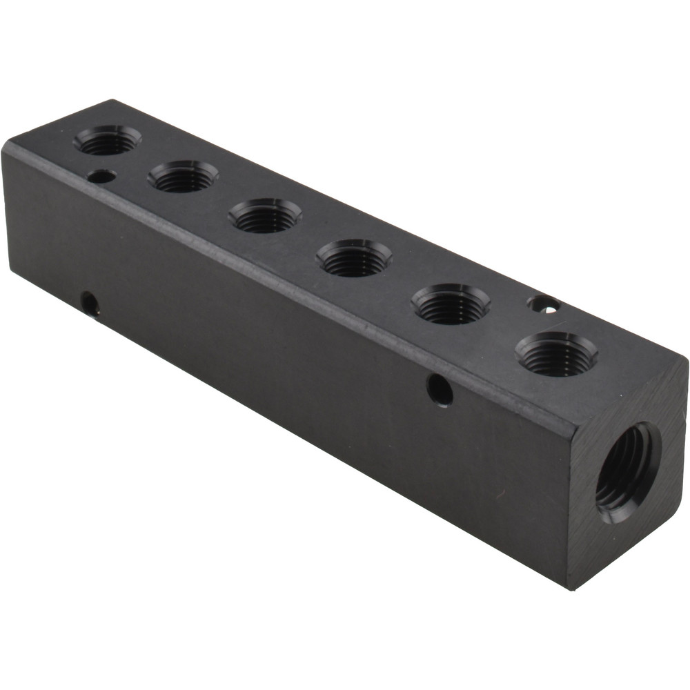 Made in USA Manifold: 1/4" Inlet, 1/8" Outlet, 2 Inlet Ports, 6 Outlet Ports, 4.75" OAL, 1" OAW, 1" OAH - PCM10-125-06B