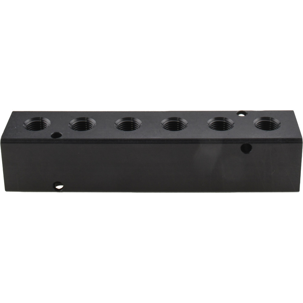 Made in USA Manifold: 1/4" Inlet, 1/8" Outlet, 2 Inlet Ports, 6 Outlet Ports, 4.75" OAL, 1" OAW, 1" OAH - PCM10-125-06B