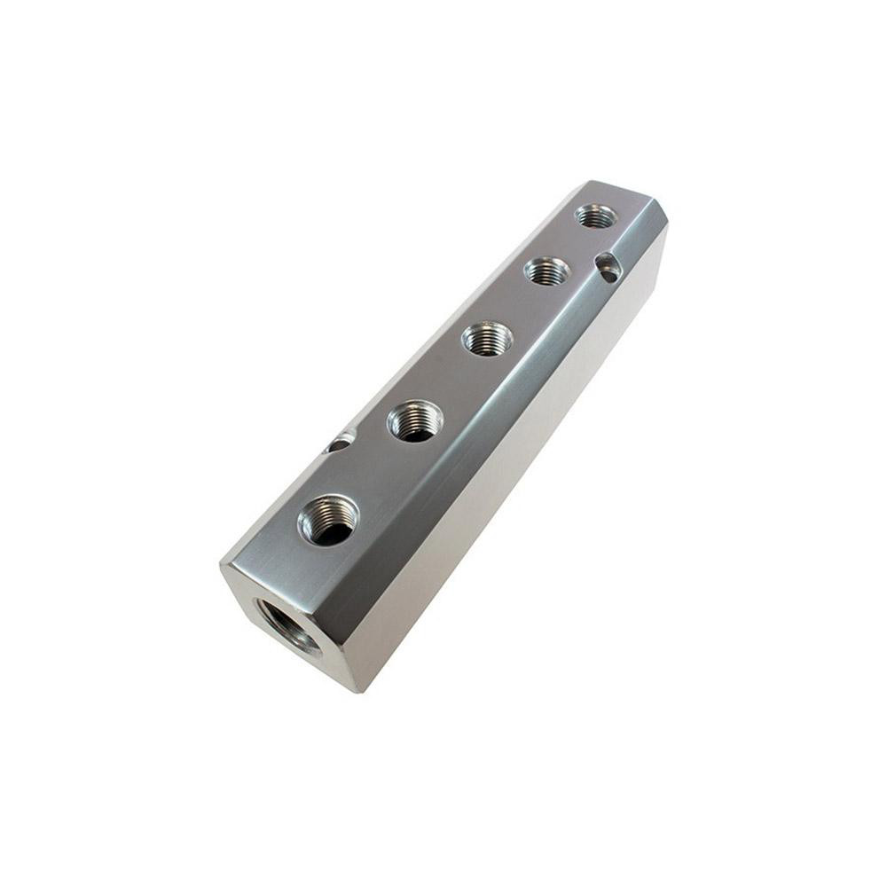 Coilhose Pneumatics Manifold: 1/2" Inlet, 1/4" Outlet, 2 Inlet Ports, 3 Outlet Ports, 4-3/4" OAL, 1-37/64" OAW, 1.58" OAH - 3034
