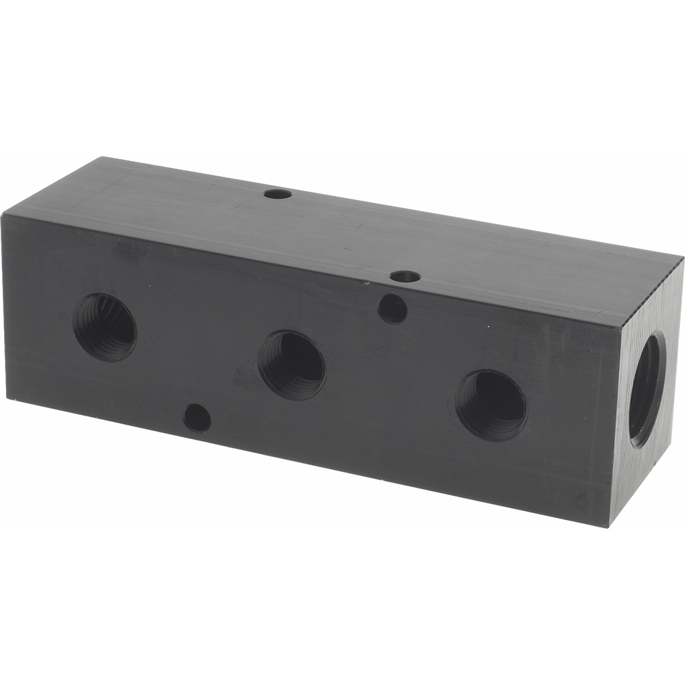 Coilhose Pneumatics Manifold: 1/2" Inlet, 1/4" Outlet, 2 Inlet Ports, 3 Outlet Ports, 4-3/4" OAL, 1-37/64" OAW, 1.58" OAH - 3034