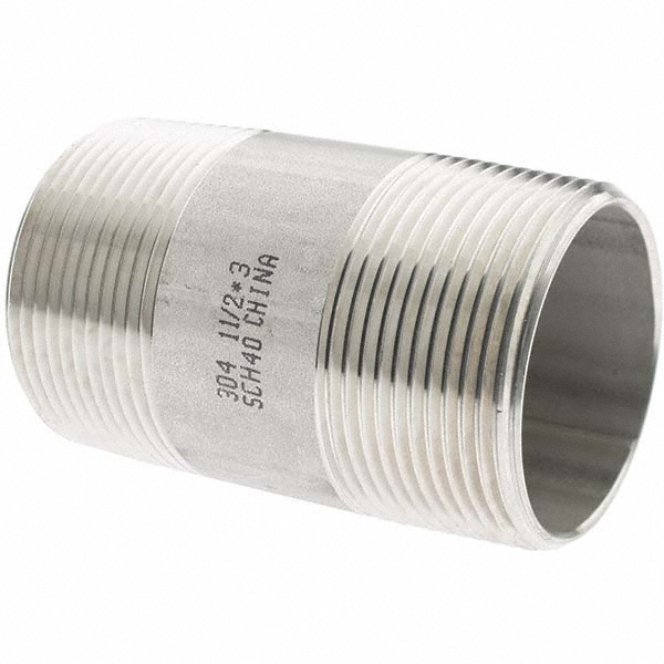 Value Collection Stainless Steel Pipe Nipple: 1-1/2" Pipe, Grade 304 & 304L - 4BN11/2*3