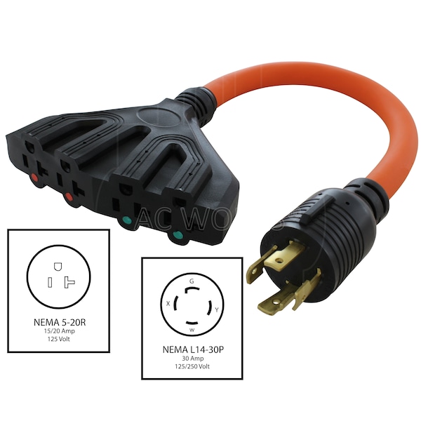 Ac Works 1.5ft L14-30P 4-Prong 30A Plug to 4 NEMA 5-15/20R 20A Adapter Cord - L1430F520-018
