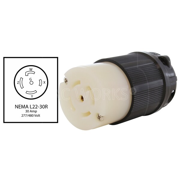Ac Works NEMA L22-30R 30A 3-Phase Y 277/480V 5-Prong Locking Female Connector in Black with UL, C-UL Approval - ASL2230R-BK
