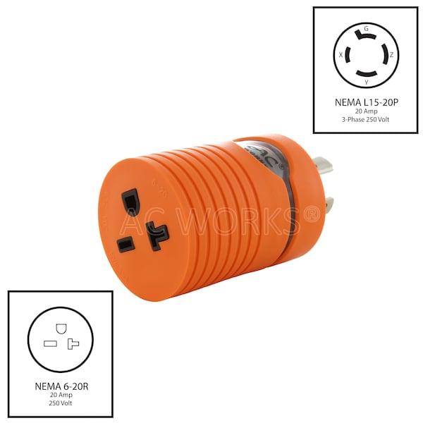Ac Works Adapter L15-20P 20A 3-Phase 250V 4-Prong Plug to 6-15/20R 250V 15/20A T-Blade - ADL1520620