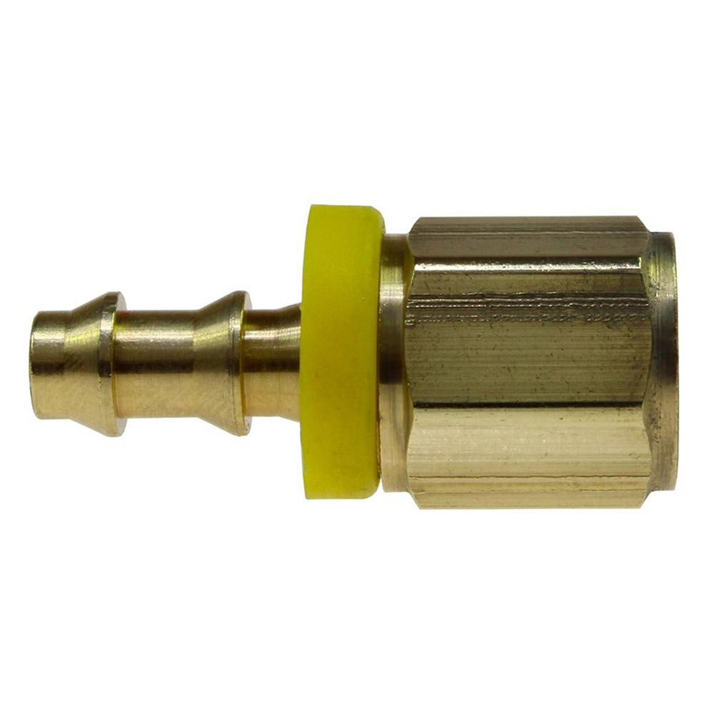 Eaton Barbed Push-On Hose Female Connector: 7/16-20 UNF, Brass, 1/4" Barb - 10004B-604