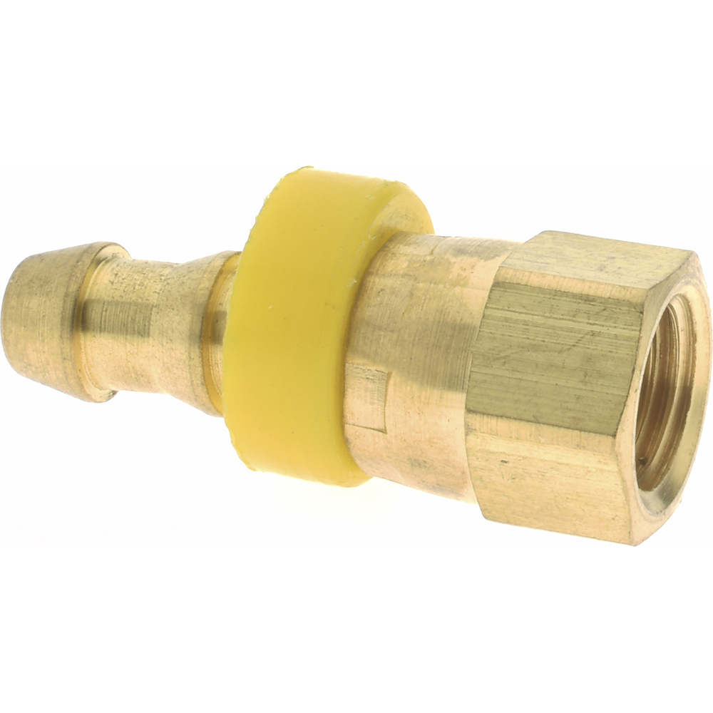 Eaton Barbed Push-On Hose Female Connector: 7/16-20 UNF, Brass, 1/4" Barb - 10004B-604