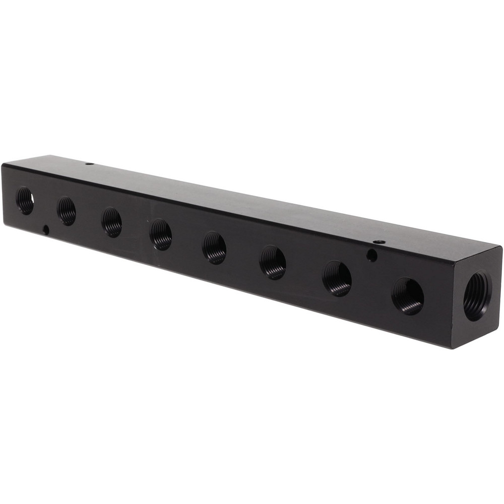 Made in USA Manifold: 1/4" Inlet, 1/8" Outlet, 2 Inlet Ports, 8 Outlet Ports, 6.25" OAL, 1" OAW, 1" OAH - PCM10-125-08B