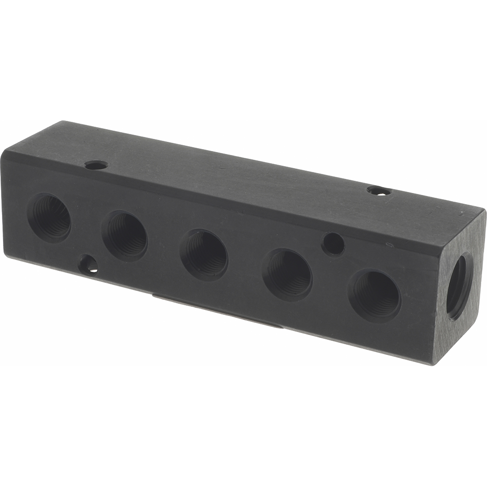 Made in USA Manifold: 1/4" Inlet, 1/8" Outlet, 2 Inlet Ports, 8 Outlet Ports, 6.25" OAL, 1" OAW, 1" OAH - PCM10-125-08B