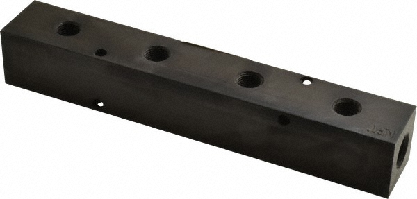 Made in USA Manifold: 1/4" Inlet, 1/8" Outlet, 2 Inlet Ports, 8 Outlet Ports, 6.25" OAL, 1" OAW, 1" OAH - PCM10-125-08B