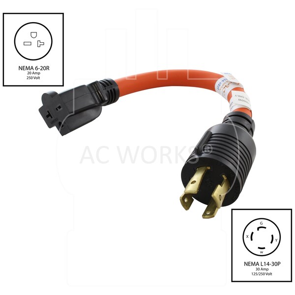 Ac Works 30A 125/250V L14-30P 4-Prong  Plug to 6-15/20 T-blade 15/20A 250V Connector - L1430620-012