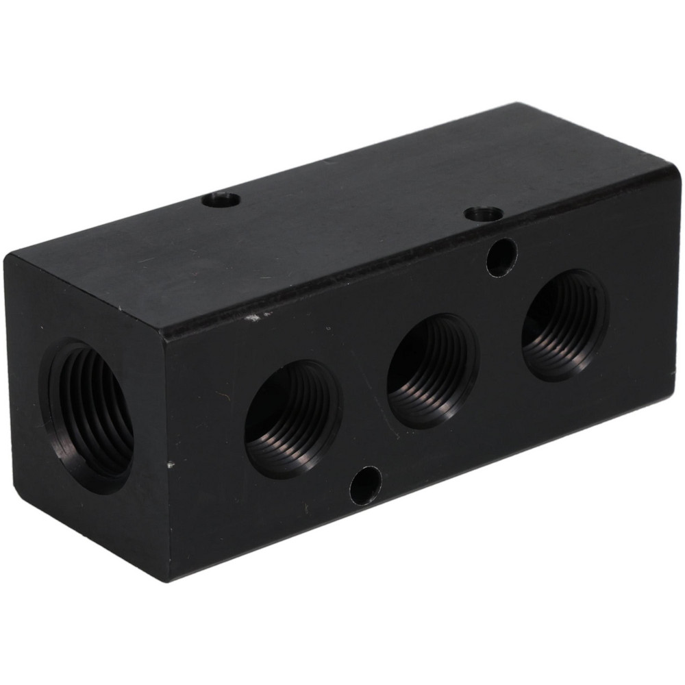 Made in USA Manifold: 1/2" Inlet, 3/8" Outlet, 2 Inlet Ports, 3 Outlet Ports, 3.75" OAL, 1.5" OAW, 1-1/2" OAH - PCM30-375-03B