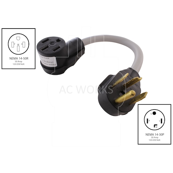 Ac Works 1.5FT 30A 4-Prong Plug NEMA 14-30P to NEMA 14-50R 50A 125/250V Connector - EV1430MS-018