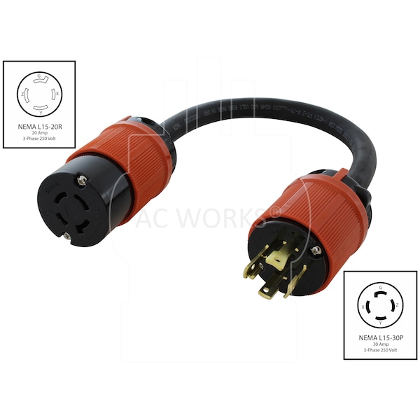 Ac Works 1.5ft 3-Phase 30A 250V L15-30P 4-Prong Plug to L15-20R Locking 3-Phase 20A 250V Connector - L1530L1520-018