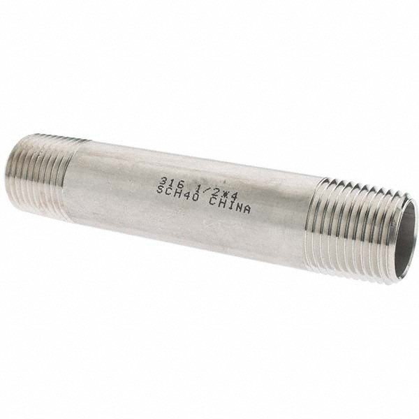 Merit Brass Stainless Steel Pipe Nipple: 1/2" Pipe, Grade 316 & 316L - 6008-400