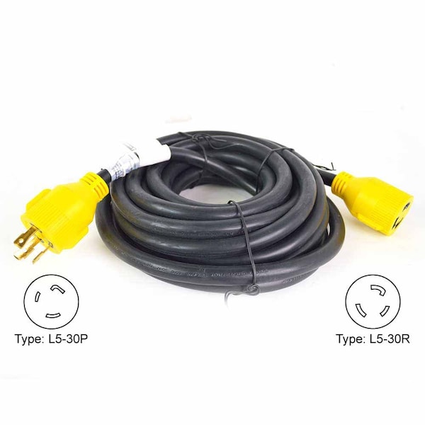 Superior Electric Generator Extension Cord NEMA L5-30P 30 Amp 3 Pole SJTW  NEMA L5-30R 10AWG/3, 40ft - RVA1555