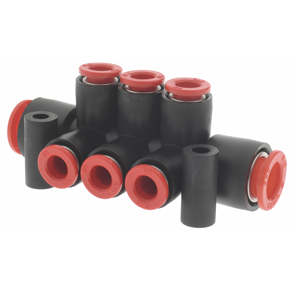 SMC PNEUMATICS Manifold: 3/8" Inlet, 1/4" Outlet, 2 Inlet Ports, 10 Outlet Ports - KM11-07-11-10
