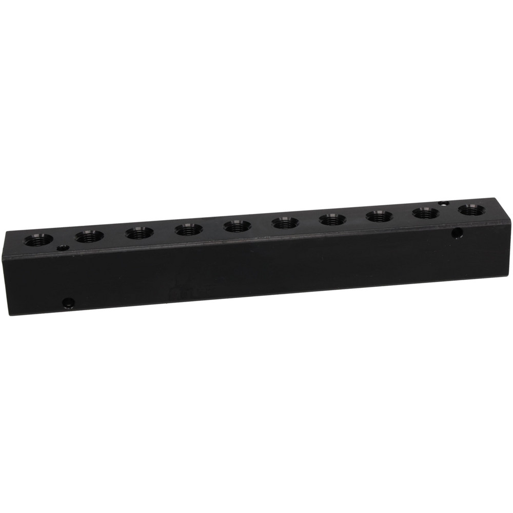Made in USA Manifold: 1/4" Inlet, 1/8" Outlet, 2 Inlet Ports, 10 Outlet Ports, 7.75" OAL, 1" OAW, 1" OAH - PCM10-125-10B