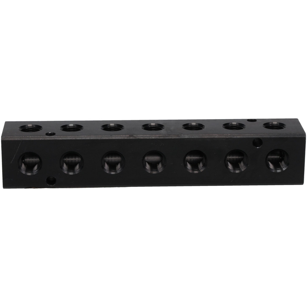 Made in USA Manifold: 1/4" Inlet, 1/8" Outlet, 2 Inlet Ports, 10 Outlet Ports, 7.75" OAL, 1" OAW, 1" OAH - PCM10-125-10B