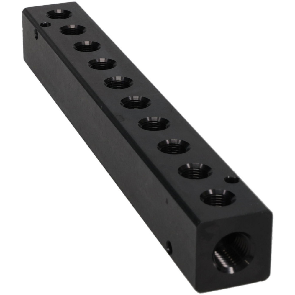 Made in USA Manifold: 1/4" Inlet, 1/8" Outlet, 2 Inlet Ports, 10 Outlet Ports, 7.75" OAL, 1" OAW, 1" OAH - PCM10-125-10B