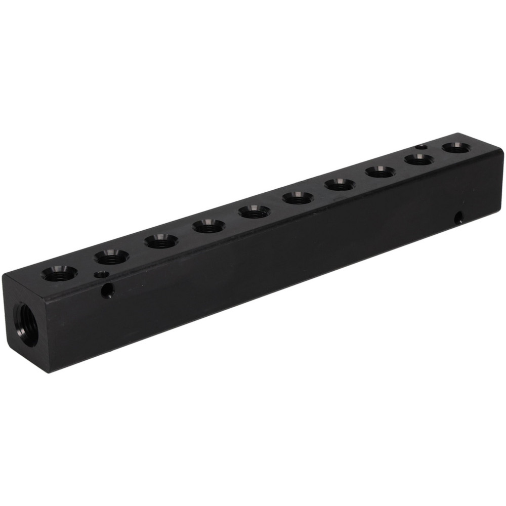 Made in USA Manifold: 1/4" Inlet, 1/8" Outlet, 2 Inlet Ports, 10 Outlet Ports, 7.75" OAL, 1" OAW, 1" OAH - PCM10-125-10B