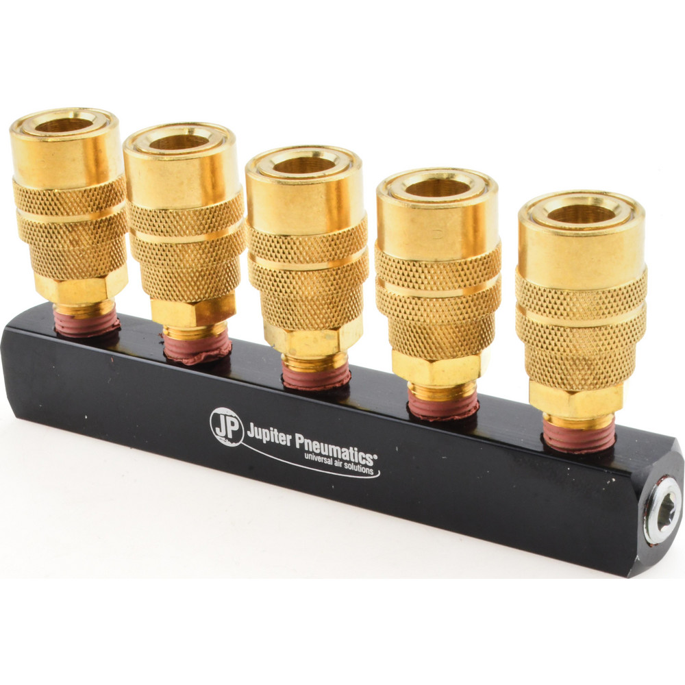 Coilhose Pneumatics Manifold: 1/2" Inlet, 1/4" Outlet, 2 Inlet Ports, 5 Outlet Ports, 7-1/2" OAL, 1-37/64" OAW, 1.58" OAH - 3054