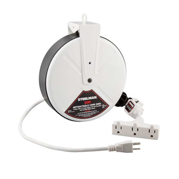 Steelman 30-Foot Retractable Cord Reel with Triple Tap and 13A Inline Circuit Breaker - 98483