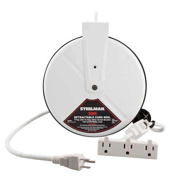 Steelman 30-Foot Retractable Cord Reel with Triple Tap and 13A Inline Circuit Breaker - 98483
