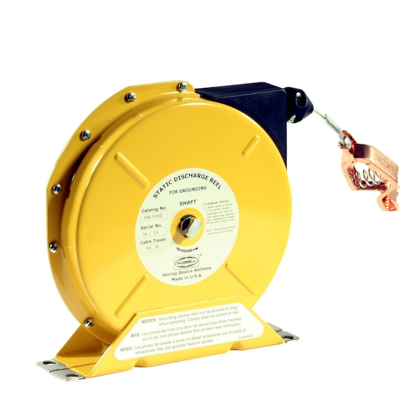Hubbell Wiring Device-Kellems Cord and Cable Reels, Static Discharge Reel, 50', Single Lead, Nylon Coated, Yellow - HBL50SDN