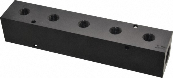 Made in USA Manifold: 1/2" Inlet, 3/8" Outlet, 2 Inlet Ports, 5 Outlet Ports, 7.75" OAL, 1.5" OAW, 1-1/2" OAH - PCM30-375-05BW