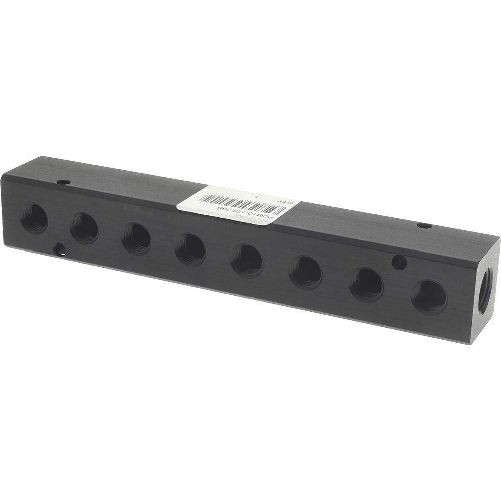 Made in USA Manifold: 1/2" Inlet, 3/8" Outlet, 2 Inlet Ports, 5 Outlet Ports, 7.75" OAL, 1.5" OAW, 1-1/2" OAH - PCM30-375-05BW