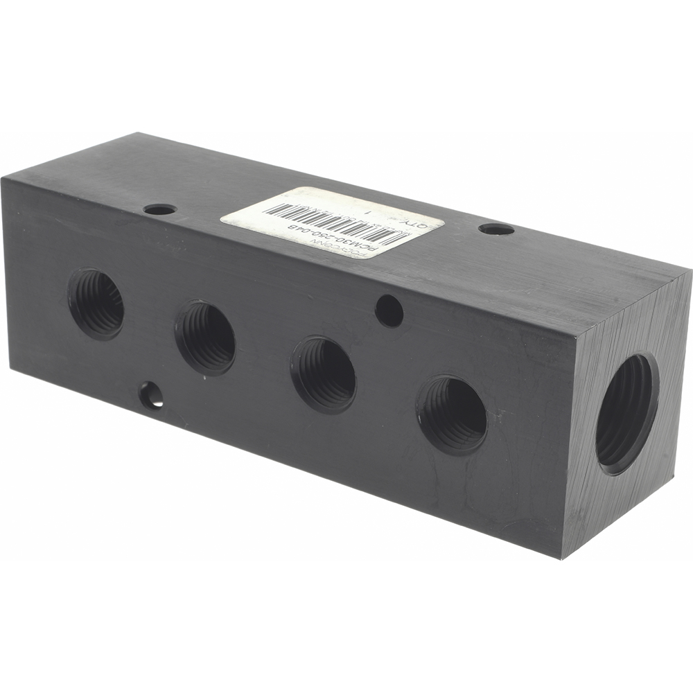 Made in USA Manifold: 1/2" Inlet, 1/4" Outlet, 2 Inlet Ports, 4 Outlet Ports, 6.25" OAL, 1.5" OAW, 1-1/2" OAH - PCM30-250-04BW