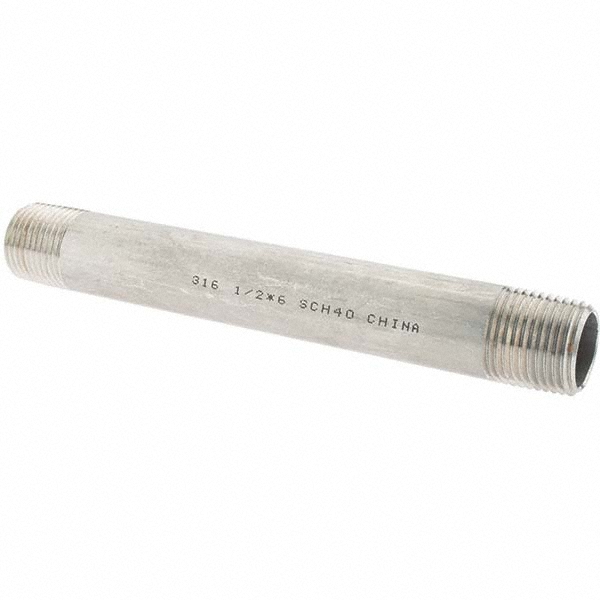 Merit Brass Stainless Steel Pipe Nipple: 1/2" Pipe, Grade 316 & 316L - 6008-600