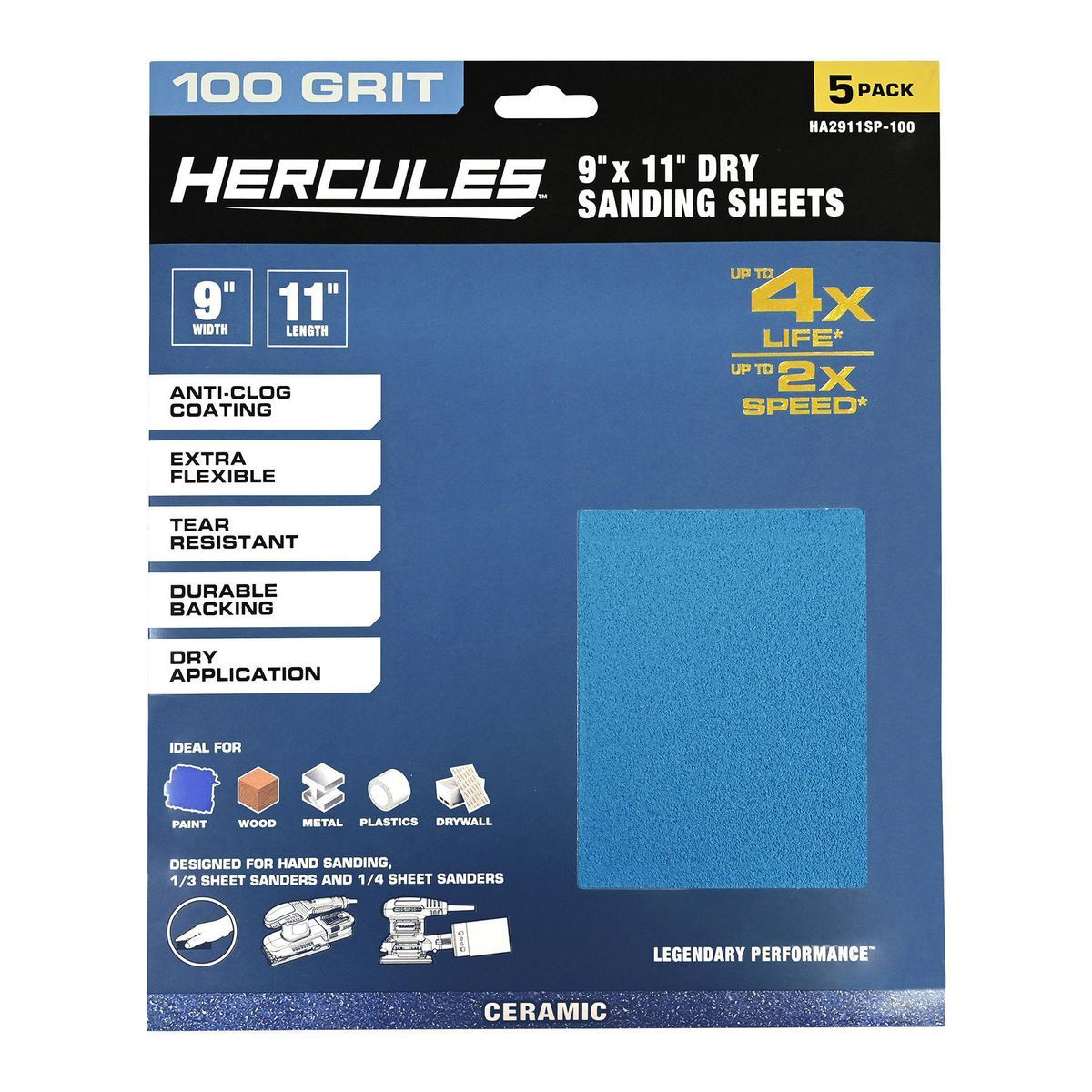 Hojas de lijado en seco Hercules de 9 pulgadas x 11 pulgadas, grano 100 con grano de alúmina cerámica, paquete de 5 - 58418