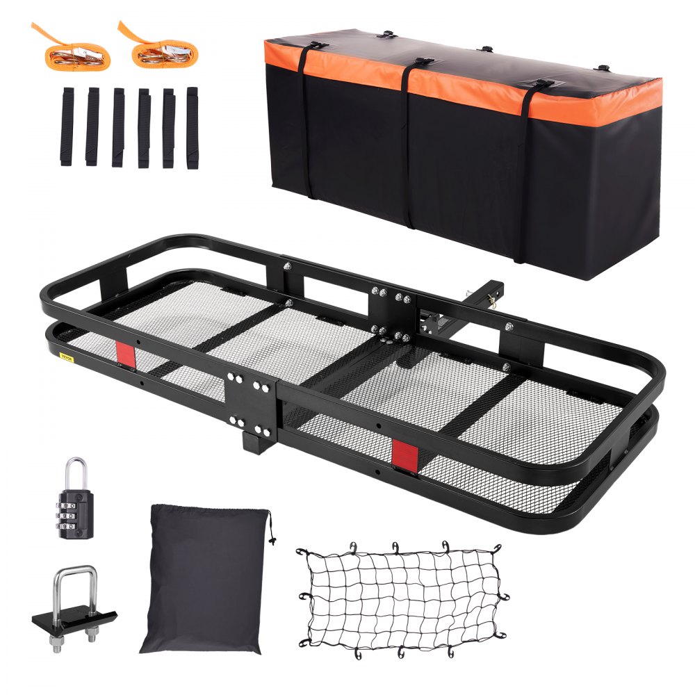 VEVOR Hitch Cargo Carrier, 60 x 24 x 6 in Folding Trailer Hitch Mounted Steel Cargo Basket, 500lb Luggage Carrier Rack with Waterproof Cargo Bag & Cargo Net, Fit 2" Hitch Receiver for SUV Truck Pickup - CHXLK60246500XROCV0