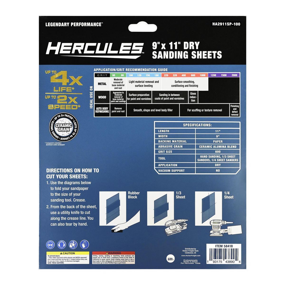 Hojas de lijado en seco Hercules de 9 pulgadas x 11 pulgadas, grano 100 con grano de alúmina cerámica, paquete de 5 - 58418