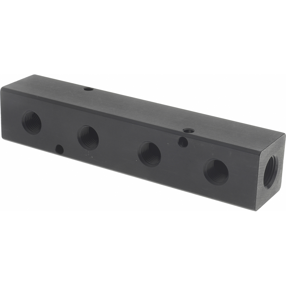 Made in USA Manifold: 3/8" Inlet, 1/4" Outlet, 2 Inlet Ports, 4 Outlet Ports, 6.25" OAL, 1.25" OAW, 1-1/4" OAH - PCM20-250-04BW