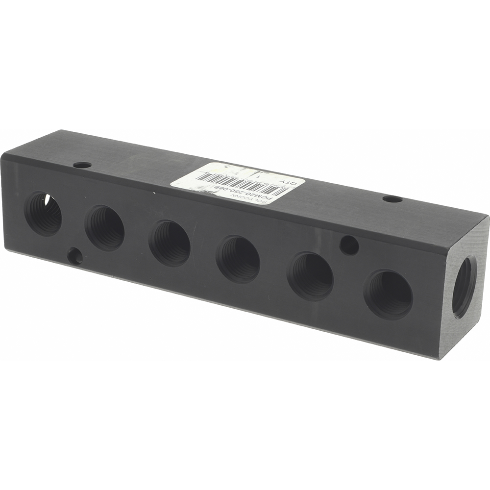 Made in USA Manifold: 3/8" Inlet, 1/4" Outlet, 2 Inlet Ports, 4 Outlet Ports, 6.25" OAL, 1.25" OAW, 1-1/4" OAH - PCM20-250-04BW