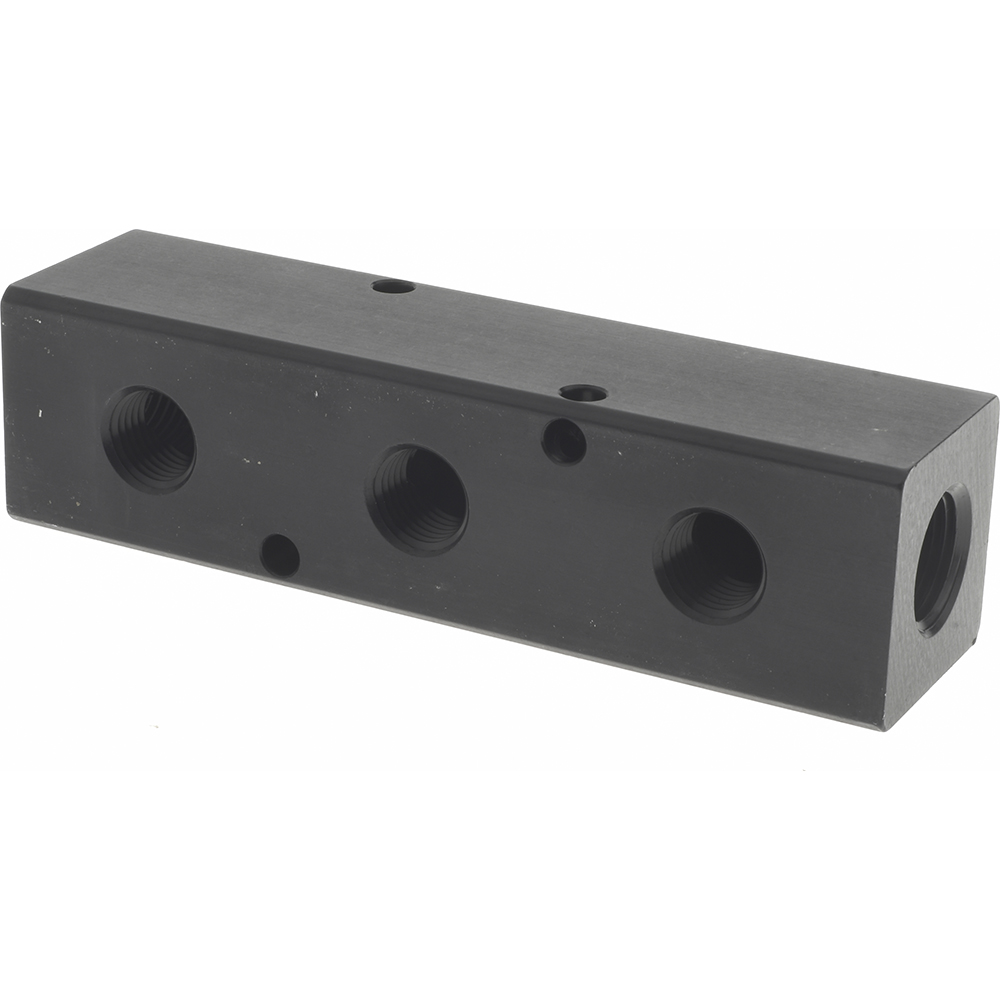 Made in USA Manifold: 3/8" Inlet, 1/4" Outlet, 2 Inlet Ports, 4 Outlet Ports, 6.25" OAL, 1.25" OAW, 1-1/4" OAH - PCM20-250-04BW
