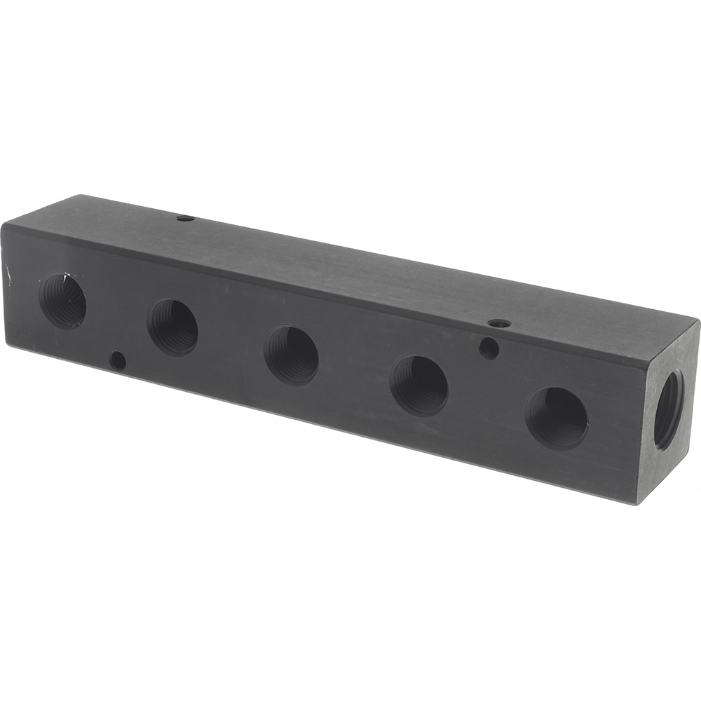 Made in USA Manifold: 1/2" Inlet, 3/8" Outlet, 2 Inlet Ports, 5 Outlet Ports, 5.75" OAL, 1.5" OAW, 1-1/2" OAH - PCM30-375-05B