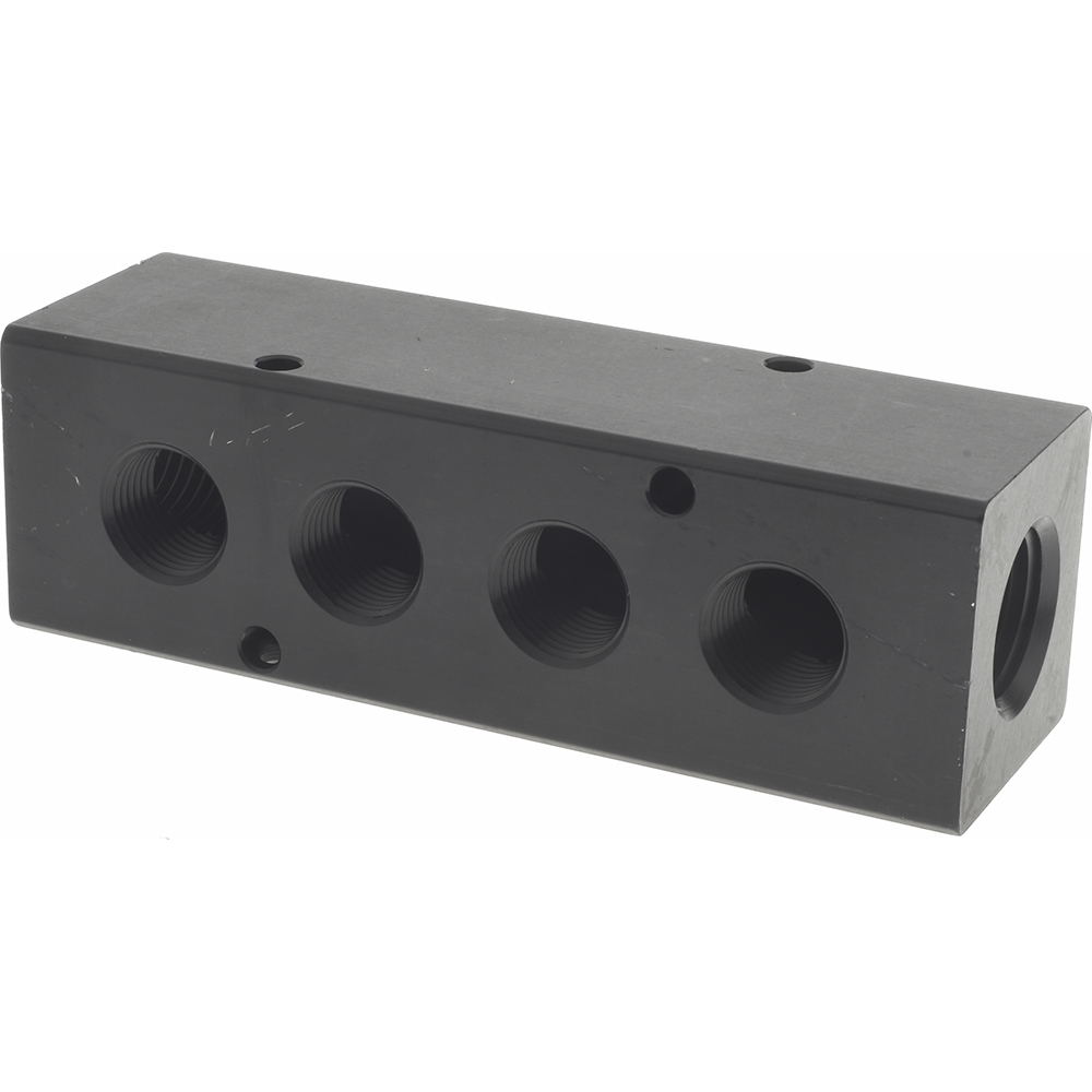 Made in USA Manifold: 1/2" Inlet, 3/8" Outlet, 2 Inlet Ports, 5 Outlet Ports, 5.75" OAL, 1.5" OAW, 1-1/2" OAH - PCM30-375-05B