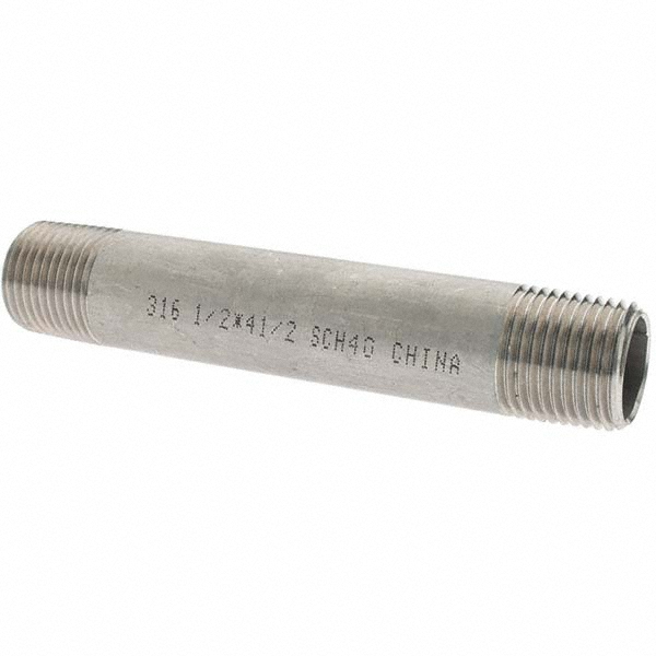 Merit Brass Stainless Steel Pipe Nipple: 1/2" Pipe, Grade 316 & 316L - 6008-450